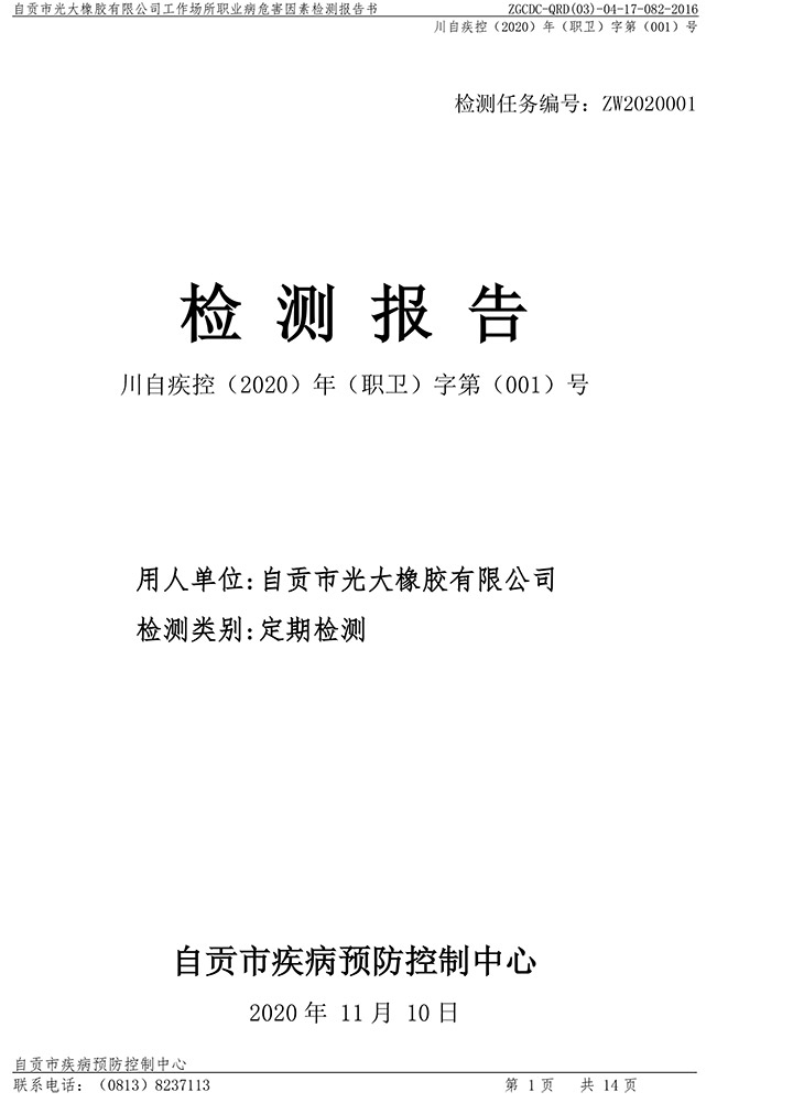 自贡市光大橡胶有限公司工作场所职业病危害因素检测报告书