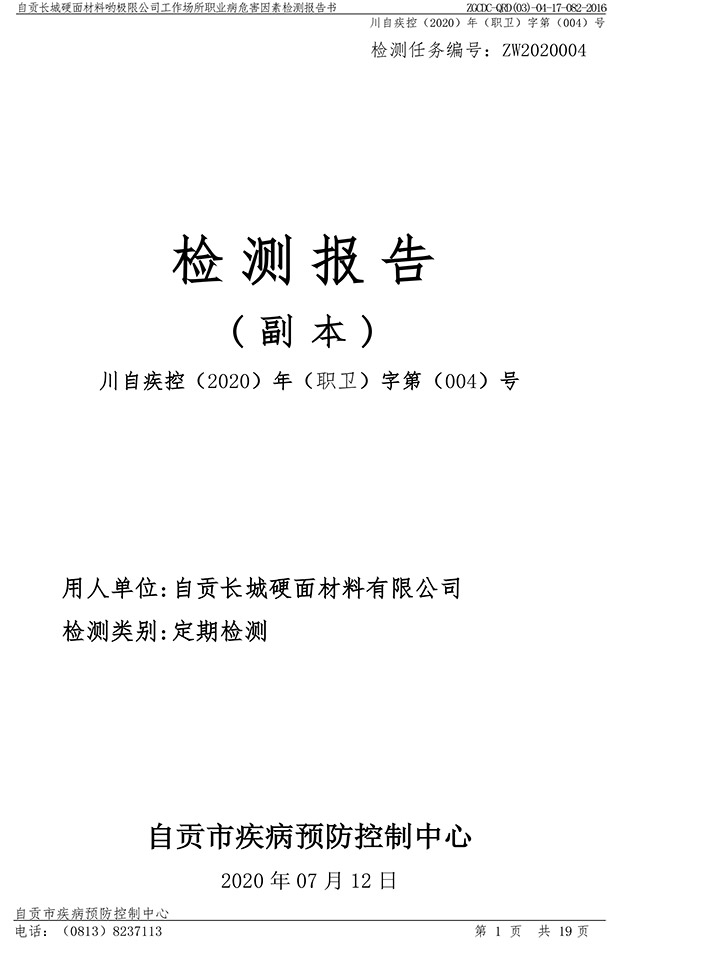 自贡长城硬面材料有限公司工作场所职业病危害因素检测报告书