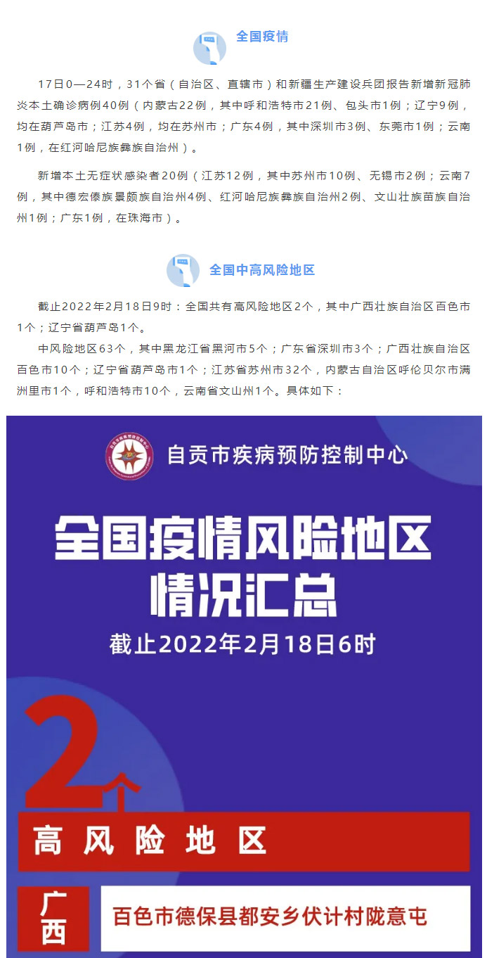 自贡疾控：本土确诊+40，其中内蒙古+22，最新全国疫情风险区汇总